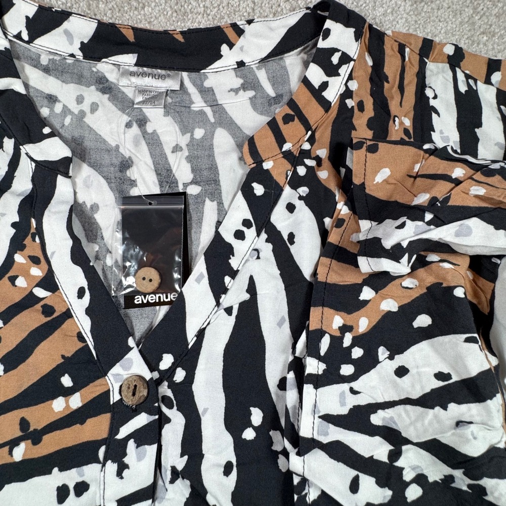 Avenue Womens Plus 22/24 Zebra Animal Print Tiered Button‎ Down Tunic Top NWT